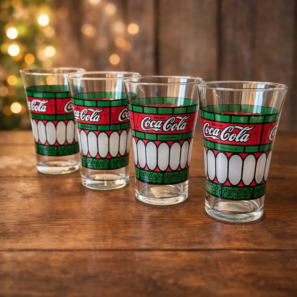Vintage Coca Cola Tiffany Style Glasses Set of 4 Retro Stained Glass Tumblers